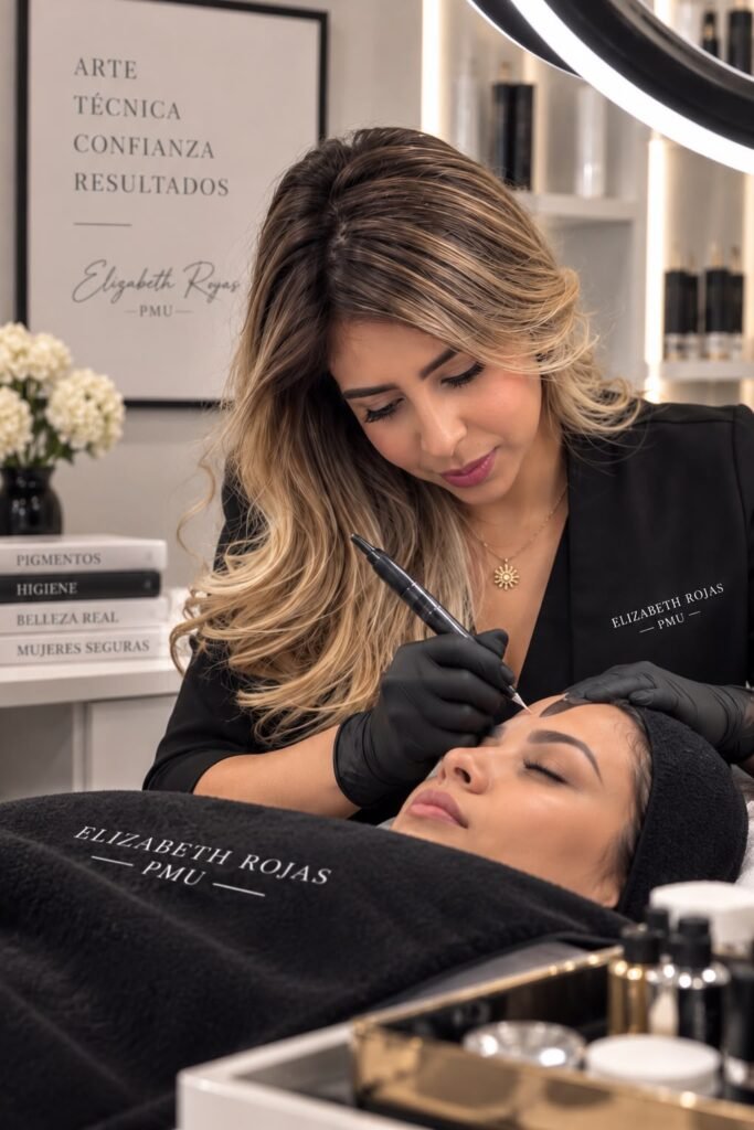 Elizabeth Rojas realizando micropigmentacion de cejas